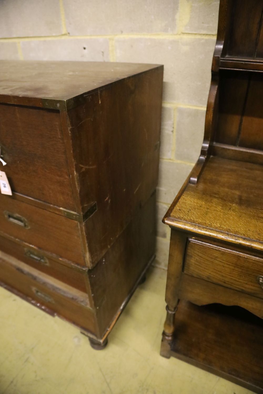 A 19th century teak two part campaign chest, width 106cm, depth 49cm, height 106cm